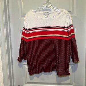Sag Harbor Red/White/Black Striped 3/4 Sleeve Top size 2X